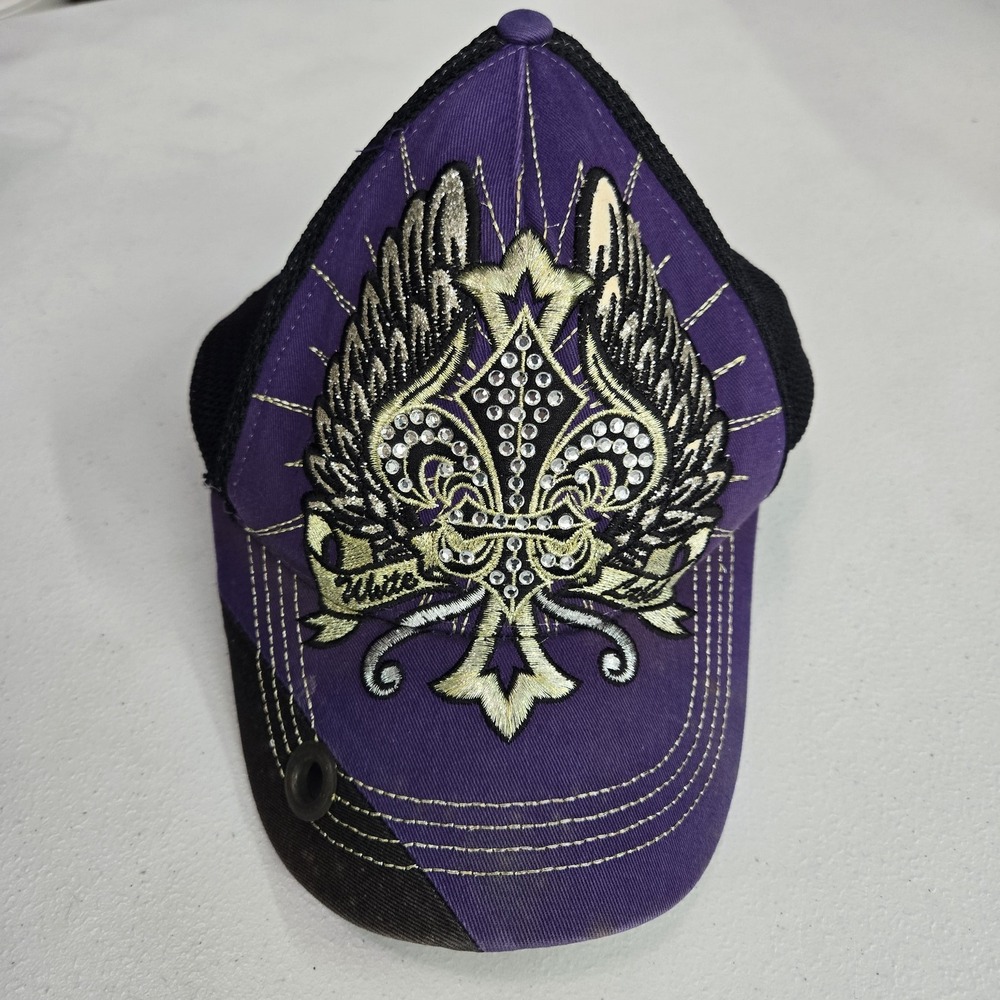 VINTAGE KB Ethos‎ Unisex Trucker Hat OS Grunge Curved Fleur De Lis Embroidered